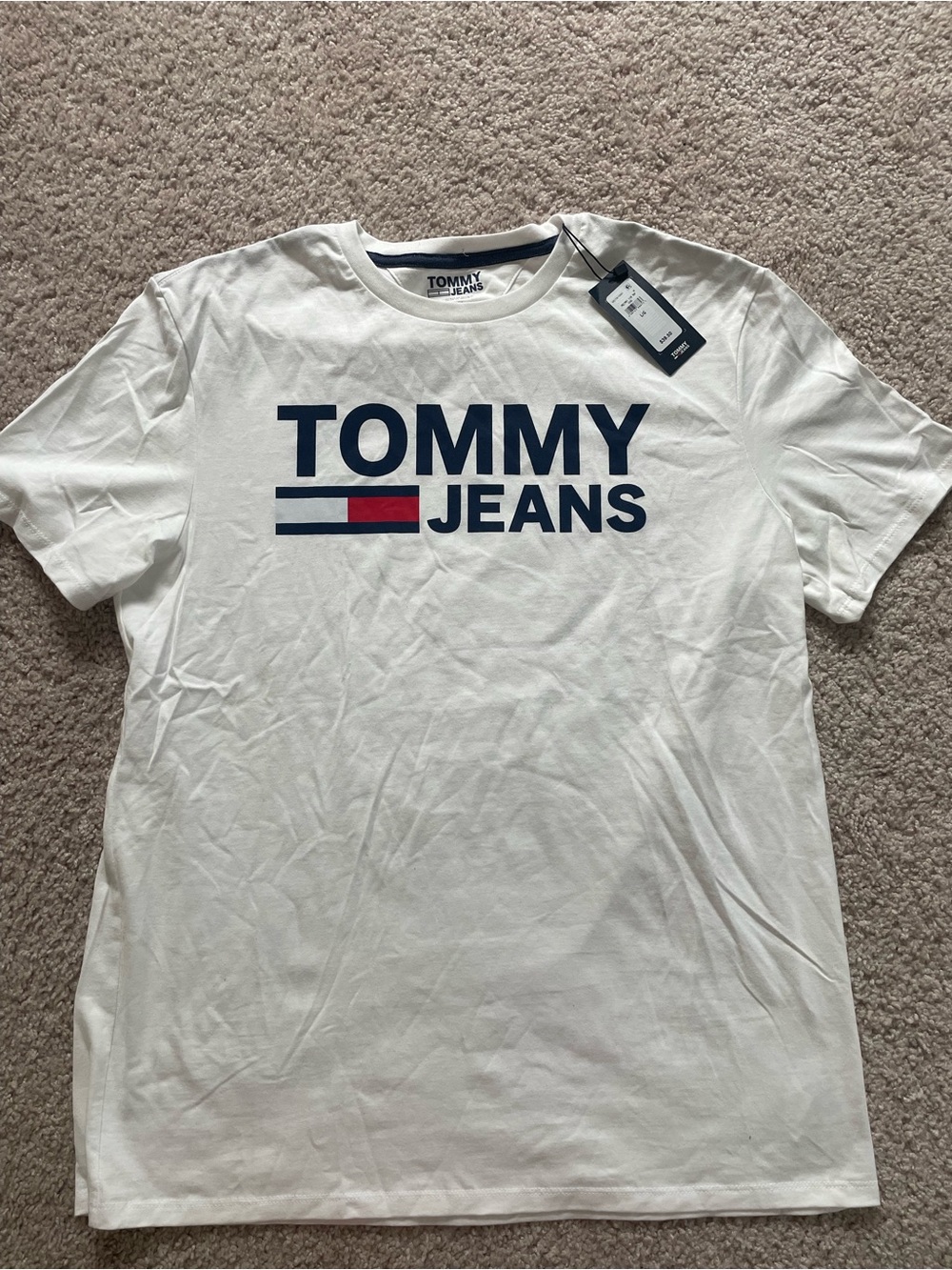 Tommy Hilfiger White Tee with Navy Logo and Red Accent